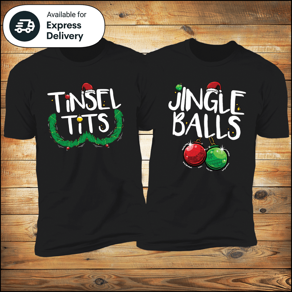 Tinsel Tits + Jingle Balls | Matching Couples Tees (Black 2-Pack)