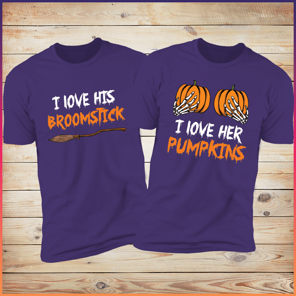 I Love His Broomstick &amp; I Love her Pumpkins Deluxe Purple Tees